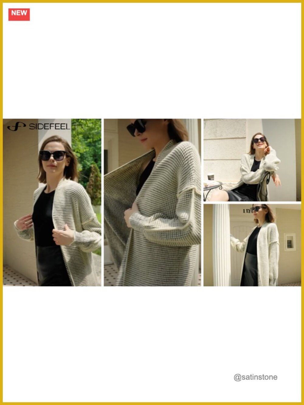 Oversized Checkered Chunky Knit Cardigan Long Sleeve Open Front Coat - Picture 7 of 7